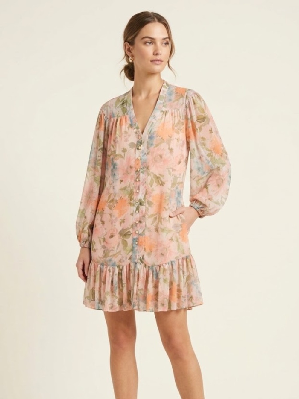 Taylor Floral Long Sleeve Ruffle Hem Dress - Size 6